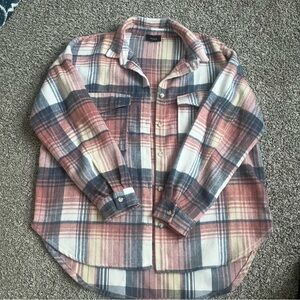 Vici Plaid Wool Blend Shacket Pink Blue Button Down Pockets Medium